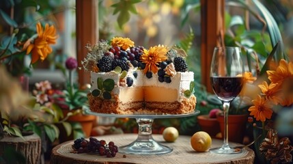 Sticker -   A cake sits atop a wooden table, nearby lies a glass of wine and a vase brimming with flowers