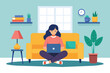 © Iftikhar alam - A woman sitting on a couch, actively using a laptop, Living room interior woman sitting with laptop, Simple and minimalist flat Vector Illustration