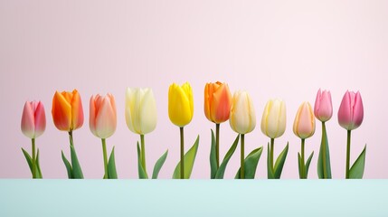 Wall Mural - A neatly arranged row of tulips in multiple colors set against a complementary pastel backdrop emphasizes simplicity and elegance