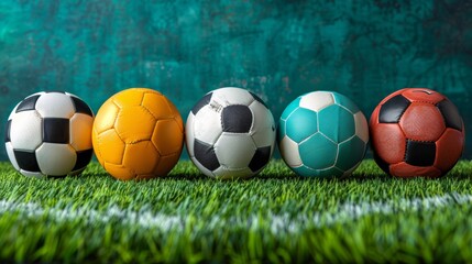 Poster - A row of soccer balls on grass with different colors, AI