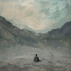 Poster - A person is sitting in the middle of a mountain range