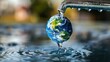 Planet earth coming out of a water tap as huge water drop created with Generative AI