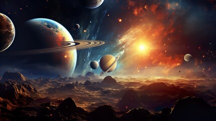 Wall Mural - a fantastical space landscape digital illustration featuring planets and a vibrant fiery nebula agai