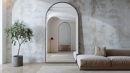 a mid-modern light room with a captivating photograph showcasing an arched full-length mirror, refle