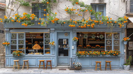 Wall Mural -   A storefront adorned with oranges suspended from its windows and flowers blooming outside