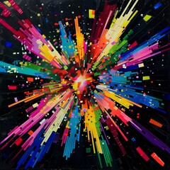 Poster - A vibrant, abstract pixel mosaic, representing a burst of creativity, with brightly colored pixels exploding from a central point on a black canvas. 