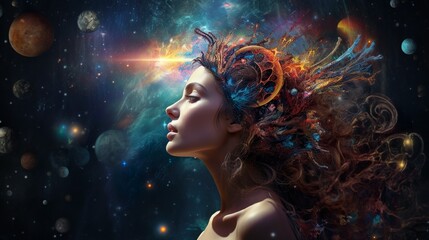 Wall Mural - a surreal representation of a woman with space elements like stars, planets integrated into her flow