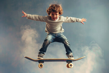 Wall Mural - A child boy is jumping with a big skateboard