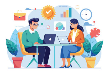 Sticker - A man and woman sit at a table, focusing on a laptop screen, collaborating on a project together, Managers working on project together, Simple and minimalist flat Vector Illustration