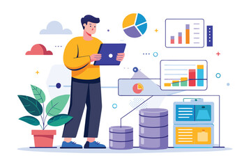 Wall Mural - Man analyzing data storage graph on a tablet device, man analyzing data storage graph, Simple and minimalist flat Vector Illustration