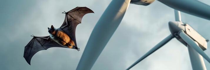 Wall Mural - Bat flying torward to a wind turbine