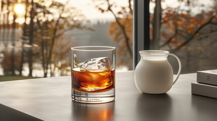 Wall Mural -   A pitcher of milk and a glass of whiskey on the table, overlooking a tree through the window