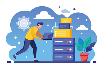 Canvas Print - A man is pushing a stack of files onto a laptop, symbolizing digital file organization, man backups data in cloud, Simple and minimalist flat Vector Illustration