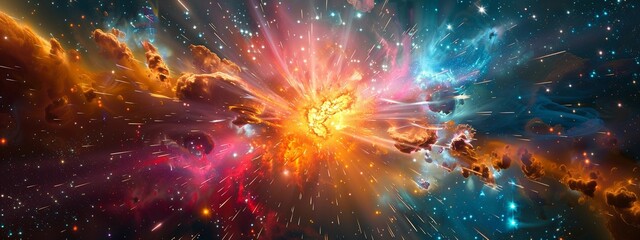 Colorful explosion in space, big bang panoramic wallpaper