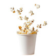 A paper cup filled with popcorn set against a transparent background seems to be floating in mid air