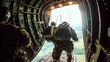 rear view of military army paratrooper about to jump from airplane, army drill, adrenaline