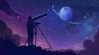 An astronomer using a telescope to observe the stars and the Moon.