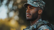close-up portrait of young black man in the army, soldier, duty calls