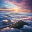 Majestic castle, perched atop lush, green hill, finds itself surrounded by sea of clouds, bathed in golden hues of setting sun. Sky, canvas painted with strokes of pink, purple, orange.
