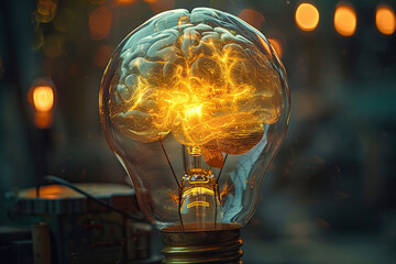 Wall Mural - light bulb with a picture of a brain inside in a yellow glow on a blurred background. generated by a