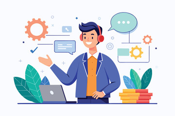 Poster - Man With Headphones Standing in Front of Laptop, man is explaining about customer service management, Simple and minimalist flat Vector Illustration