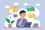 Fototapeta Dinusie - A man sitting in front of a laptop computer, contemplating how to save file data in a simple and efficient manner, man is thinking to save file data, Simple and minimalist flat Vector Illustration