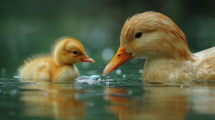 Wall Mural - A duck and a baby bird in the water together, AI