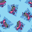 Seamless pattern Pair of vintage roller skates 80s style. Sketch style girlish roller skates print. Comics style shoes