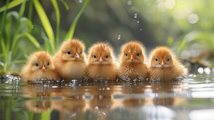 Wall Mural - A group of five little chicks are sitting in the water, AI