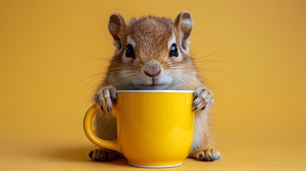 A small rodent with a yellow cup in its mouth, AI