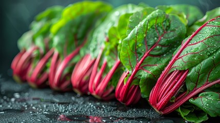   A tight shot of vibrant green and red vegetable leaves, adorned with water beads on their surfaces