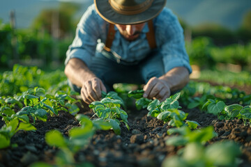 Poster - A farmer cultivating the land with reverence and dedication, nurturing crops that sustain and nourish. Concept of agricultural stewardship and food security. Generative Ai.