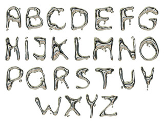 3D chrome font set, liquid metal y2k alphabet, futuristic silver melted effect ABC, mercury letters. Hologram bubble reflective typeface, droplet trendy acid style, groovy shapes. Glossy chrome font