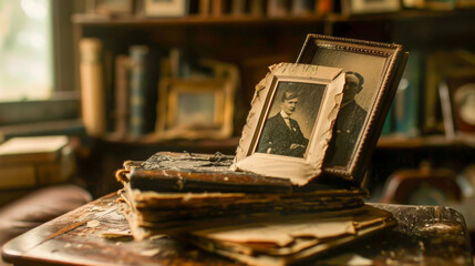 Wall Mural - A stack of old books and pictures on a table