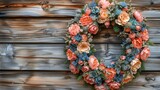 Fototapeta Las -   A wreath of fake flowers on a wooden wall Behind it, a wooden plank wall (Repeated behind it, a wooden plank wall was removed to make