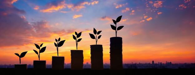 investment growth: financial prosperity begins with small steps. silhouettes of plants growing on st