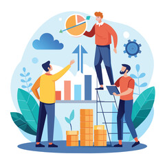 Wall Mural - Several individuals standing on a stack of coins, men prepare growth data analysis, Simple and minimalist flat Vector Illustration