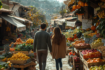 Wall Mural - A couple strolling hand in hand through a vibrant farmers' market, sampling fresh produce and artisanal goods. Concept of local living and community engagement. Generative Ai.