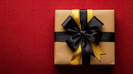 Canvas Print - A stunning Kraft paper gift box adorned with a vibrant yellow and black ribbon bow pops against a vivid red backdrop creating the perfect space for capturing special moments Ideal for gifti