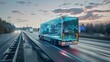 Futuristic Technology Concept: Autonomous Self-Driving Lorry Truck with Cargo Trailer Drives on the Road with Scanning Sensors. Special Effects of a Zero-Emissions Electric Vehicle Analyzing Freeway