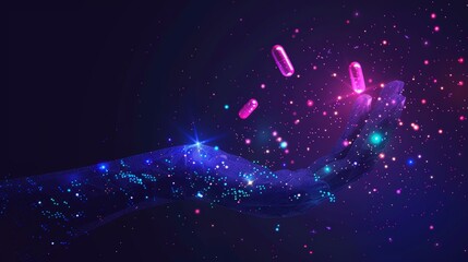 An illustration of a capsule pill and molecules held in a hand, conveying a health care vector concept. This banner features a low poly vector representation of a starry sky or cosmos.