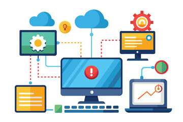 Poster - A computer screen with different devices including a keyboard, mouse, phone, and tablet placed around it, Network troubleshooting on a computer, Simple and minimalist flat Vector Illustration