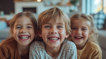 Portrait of happy siblings at home