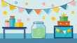 A colorful banner strung across a bedroom wall signaling a childs savings goal success with decorated jars and envelopes displayed on a nearby