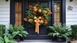   A wreath adorns the front door of the house, sporting an assortment of orange and green flowers The door is further embellished with a bow
