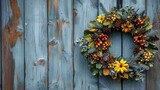 Fototapeta Las -   A wreath adorns a wooden fence, featuring pine cones, berries, and more pine cones up front