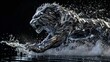 a futuristic, big, in metal shining colours cyborg lion facing forward diving attack into metallic silver liquid