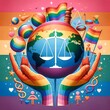 Hands holding planet Earth with colors and symbols representing the LGBT cause