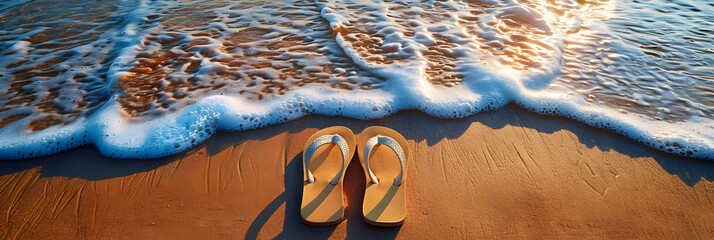 Wall Mural - A pair of flip flops on a sandy beach next to the ocean with waves coming in and out.