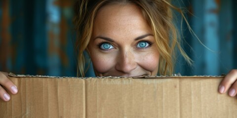 Canvas Print - A woman with blue eyes peeking out from behind a cardboard box. Generative AI.